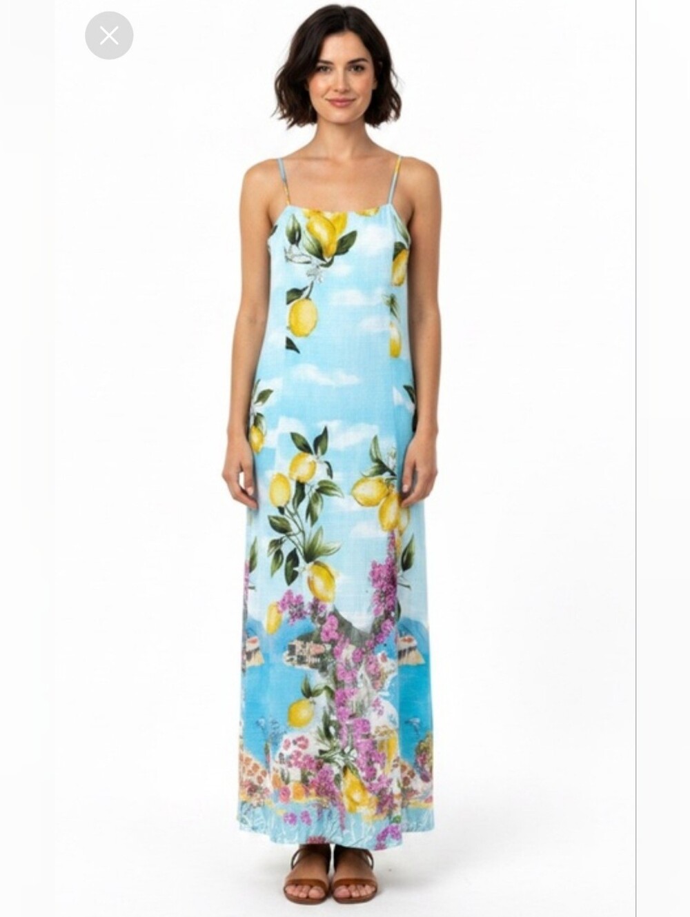 Anthropologie Paper Heart Sky Blue Lemon-Print Slip Maxi Dress